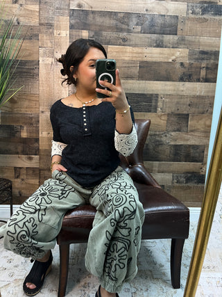 POL Olive Green Button Front Jogger w/ Black Embroidery