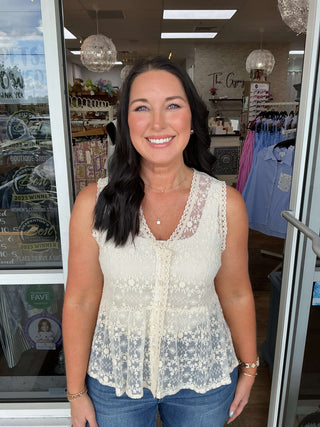 Women's Natural Lace Button Front Sleeveless Peplum Top by Cozy Co - Elegant and breathable summer fashion.