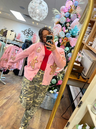 Pink Cable Knit Gingerbread Cardigan Top