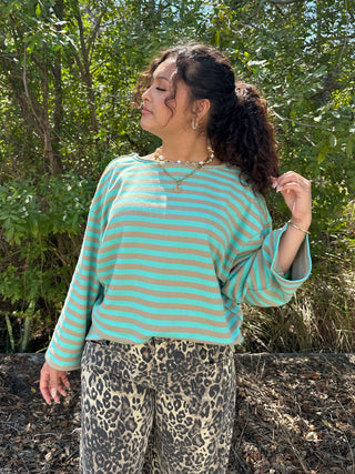 Mint & Beige Stripe French Terry Raw Edge Top