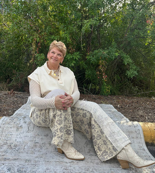 Davi & Dani Natural & Grey Mixed Fabric Denim Pants w/ Patch Details