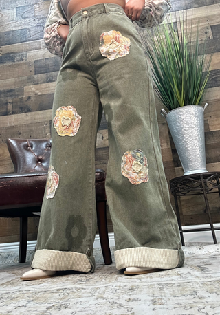 POL Olive Floral Patchwork Accent Wide Leg Cuff Pants