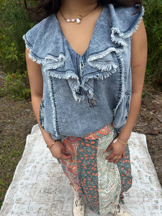 Oli & Hali Denim Washed Ruffle Collar Tencel Top