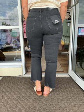 Mica Denim Black High Rise Crop Flare Leg Jeans: Stylish, comfortable fit, ideal for modern casual wear.
