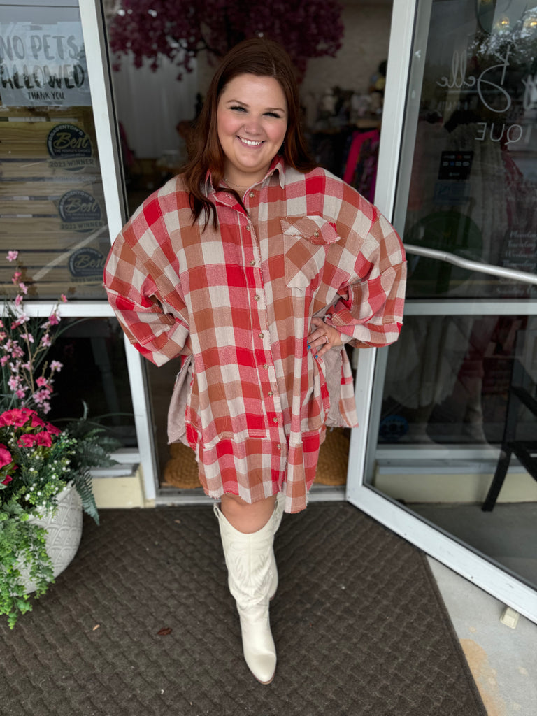 Easel - Red Plaid Oversized Shirt Dress - The Gypsy Belle Boutique