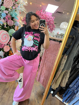 He Sees You When You're Shopping Black Tee Top