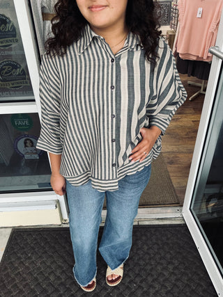 Umgee Vertical Mix Stripe Button Down Shacket Top (2 COLORS)