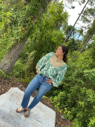 Umgee Green Mix Fabric Yoke Top