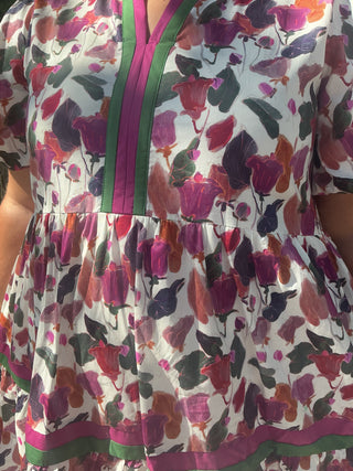 Plum floral print dress with bubble sleeves and a stylish band accent