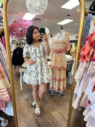 short cream boho dress Cream Boho Mini Dress With Gold Detail, Smocked Waist, Flowy Summer Beach Sundress (pockets)