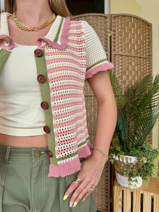 Alternate view of Prep in Your Step Pink Striped Cardigan Sweater
