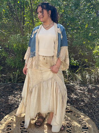 Alternate view of Young Threads Ivory Latte Boho Mixed Panel Drawstring Handkerchief Skirt
