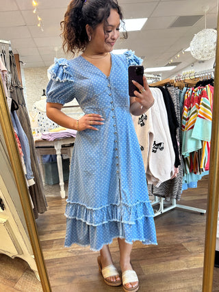 Peach Love Lt Denim Polka Dot Midi Dress