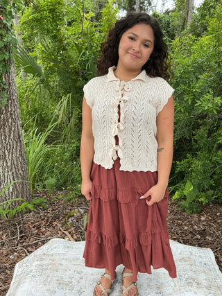 Doe & Rae Pointelle Scallop Trim Tie Front Vest Top