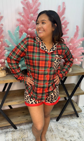 Jess Lea Leopard & Christmas Plaid Short Pajama Set