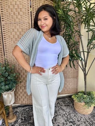 Alternate view of Take It Easy Seafoam Open Weave Cardigan Top
