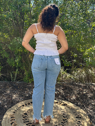 White Linen Blend Wide Smocked Layering Top