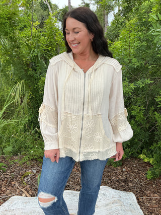 POL Natural Ivory Crochet Trim Zipper Shacket