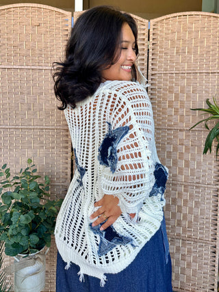 Alternate view of Star Spangled White Open Weave Top OVERSIZED
