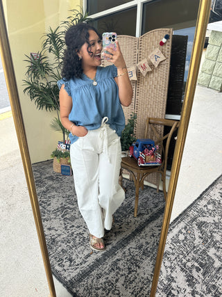 Alternate view of A & She Tencel Chambray Ruffle Cap Sleeve Top
