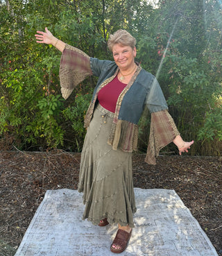 Young Threads Bell Slv Patchwork Denim Kimono Shrug