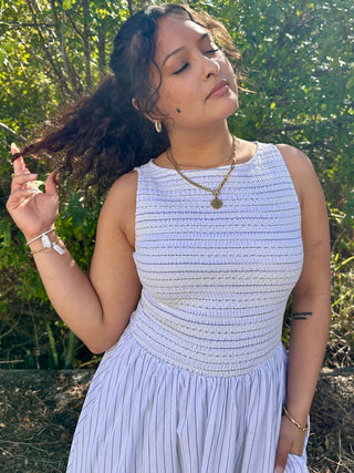 White & Black Pinstripe Smocked Sleeveless Midi Dress