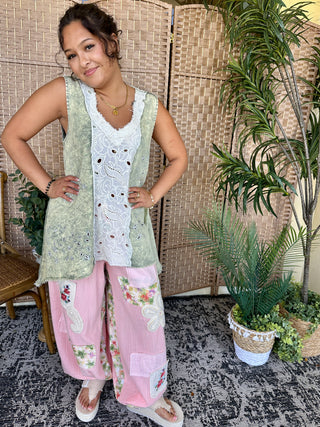 Olive green oversized tank top with white eyelet lace front panel and scalloped neckline.