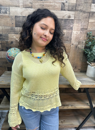 Alternate view of Cozy Co BUTTER YELLOW Open Knit Scallop Hem Sweater Top
