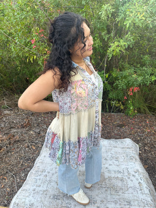 Alternate view of Boho Chic Latte Delight Patchwork Button Down Sleeveless Top

