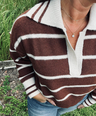 Adora Mocha Stripe Rugby Collar Sweater Top
