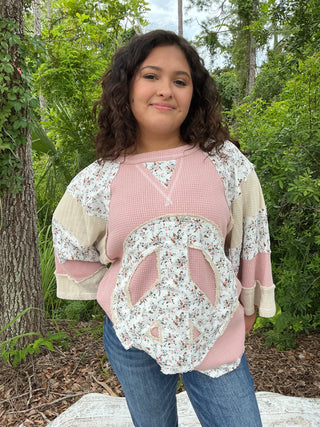 POL Blush Peace Long Slv Patchwork Top