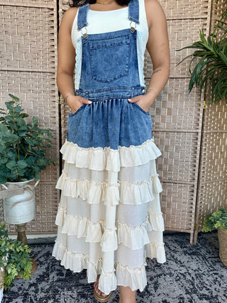 Wanna Be Her Denim Ruffle Overall Dress Small