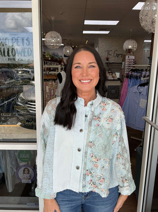Light blue floral lace and sparkle mix shacket top by POL, featuring a stylish design and comfortable fit.