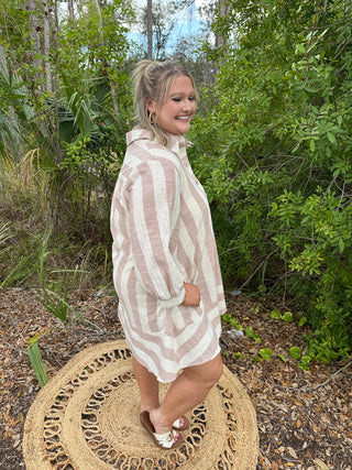 Alternate view of Like Love Oatmeal & Taupe Stripe Linen Look 3/4 Sleeve Dress
