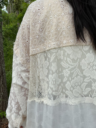 Oli & Hali Ecru Patch Lace Button Up Long Shacket Top Kimono