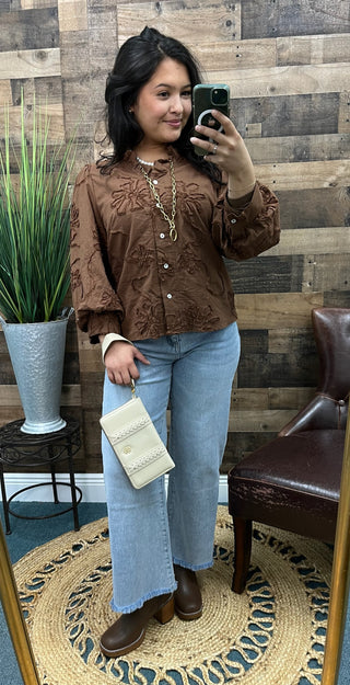 Jodifl Brown Embroidered Flower Top w/ Ruffle Neck