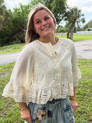Lowcountry Lace Ecru Embroidered Ruffle Top
