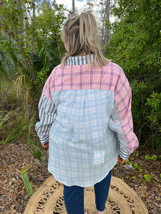 Alternate view of Like Love Blue & Pink Button Down Plaid Stripe Mix Top

