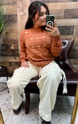Forte Terracotta Waved Stripe Open Knit Long Slv Sweater