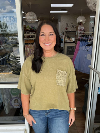 Women's casual crochet pocket mineral washed top in three colors by Easel, perfect for a trendy and comfortable style.