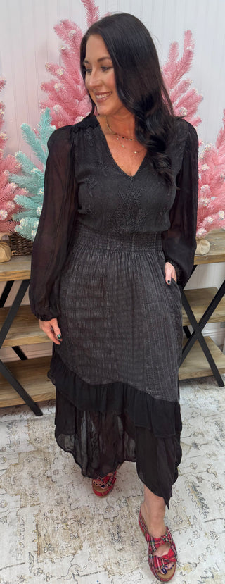 Young Threads Black Vintage Boho Embroidered Maxi Dress