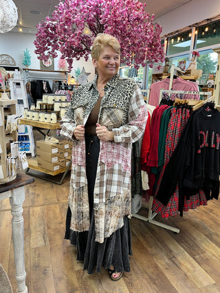 POL Leopard & Plaid Mix Long Line Jacket