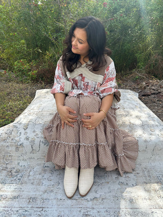 Easel Mocha Polka Dot Tiered Maxi Skirt