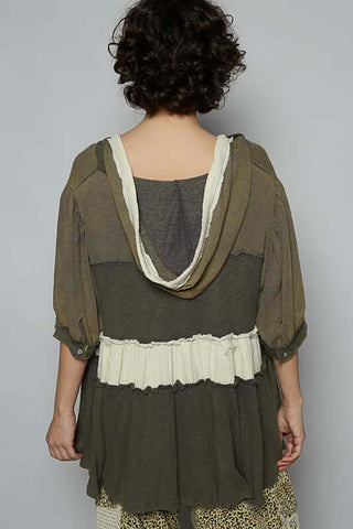 Women's POL Olive & Charcoal Short Sleeve Pearl Top - Stylish and soft with pearl accents, perfect for casual chic outfits.