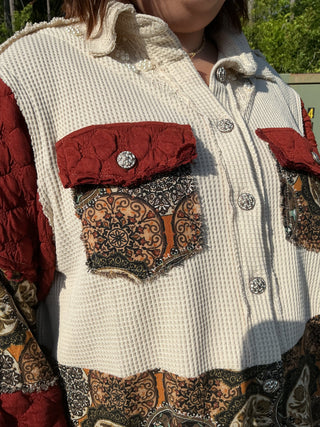 POL Vintage Shacket Top Deep Brick & Oatmeal w/ Pearl Accents