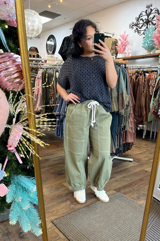 Mineral Wash Black Crochet Short Sleeve Top