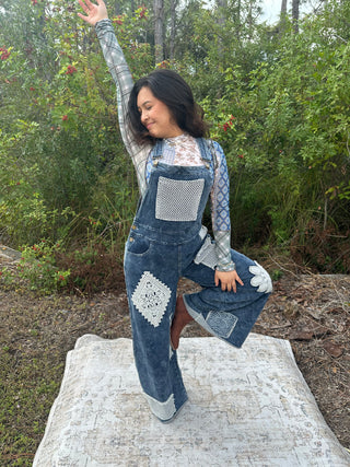 POL Denim Crochet Patchwork Wide Leg Overalls