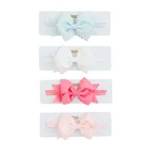 Infant toddler wearing stylish MudPie scallop bow headband in deep red color, perfect for any outfit or occasion.