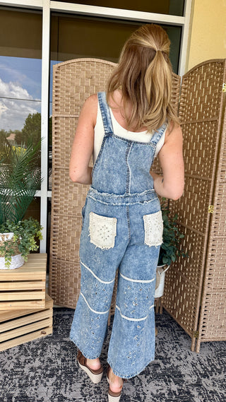 Alternate view of POL Denim & Ivory Eyelet Overalls
