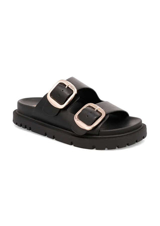 Black slides with a gold double buckle, showcasing the MIA Gen design. Perfect blend of style and comfort for everyday wear.